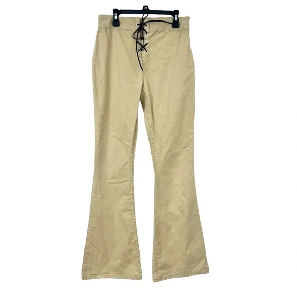 Asos Design Y2K Lace Up Detail Retro High Rise Flare Pants in Beige Stone - Picture 6 of 13